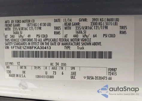 2015 Ford Transit-150 z USA, uszkodzony, nr VIN 1FTNE1ZM8FKA30413